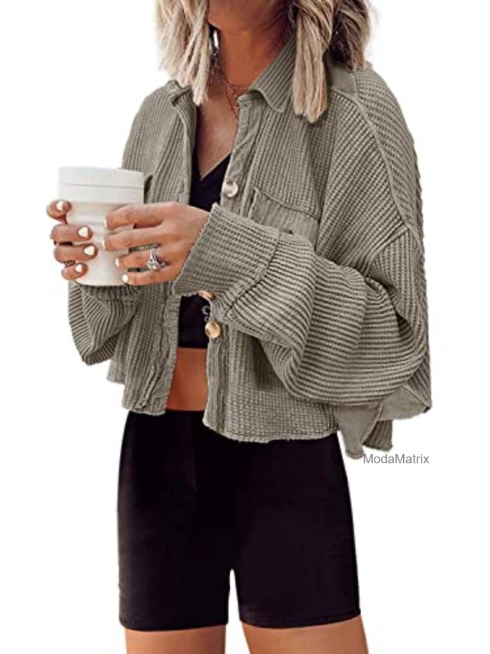 Waffle Knit Cropped Shacket Button Down Oversized Cardigan Jacket